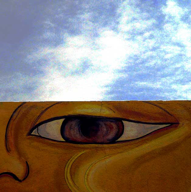 Detail of the 1991 mural by Annie Sperling, A Mural Dedicated to Peace ("Silver Lake Mi Amor") on the southwest corner of Sunset and Hyperion, Sunset Junction (Silverlake)