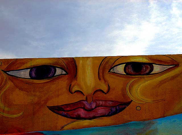 Detail of the 1991 mural by Annie Sperling, A Mural Dedicated to Peace ("Silver Lake Mi Amor") on the southwest corner of Sunset and Hyperion, Sunset Junction (Silverlake)