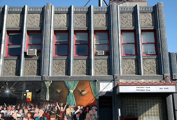 A little Art Deco at the southwest corner of Hollywood Boulevard and Wilcox, the famous "You Are a Star" mural by Tom Suriya.