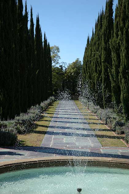 Cyprus alley with fountain, Greystone Mansion, Beverly Hills