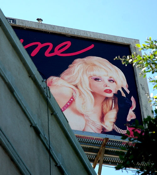 Angelyne billboard above Hollywood Boulevard 