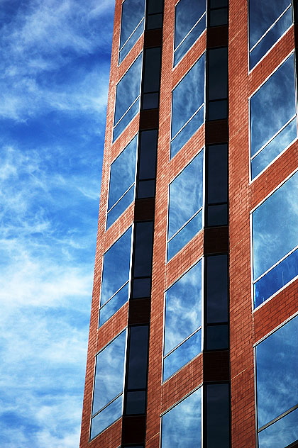 Clouds reflected in glass, office building on the Sunset Strip, West Hollywood 