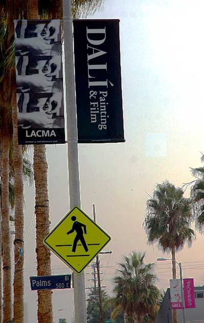 LACMA Dali banner in coastal fog, Abbot Kinney Boulevard, Venice 