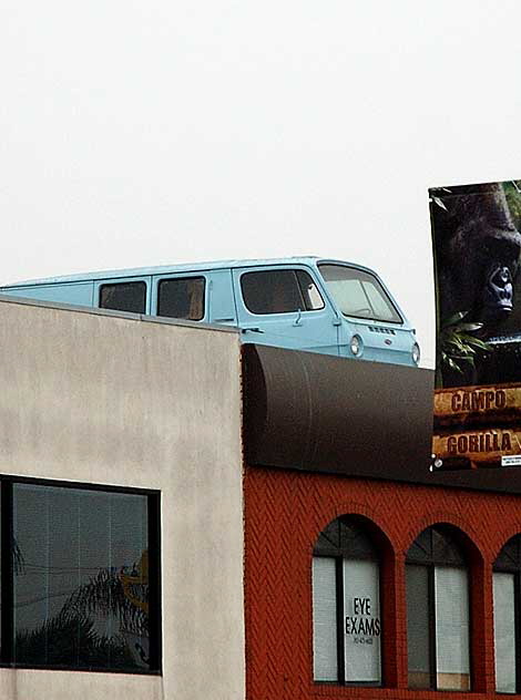 Blue Chevrolet van on rooftop since the mid-sixties - West Pico Boulevard, West Los Angeles